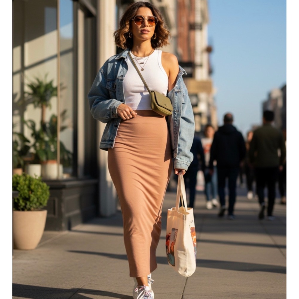 Heart & Hips Tan Maxi Skirt Side Slit Medium BJ47114 Stretch Jersey